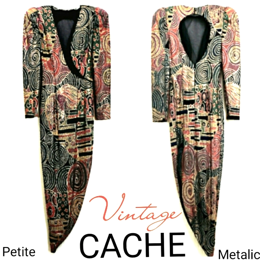 Vintage Cache Metalic Asymmetrical Illusion Plunge Neck Metalic Beaded Maxidress